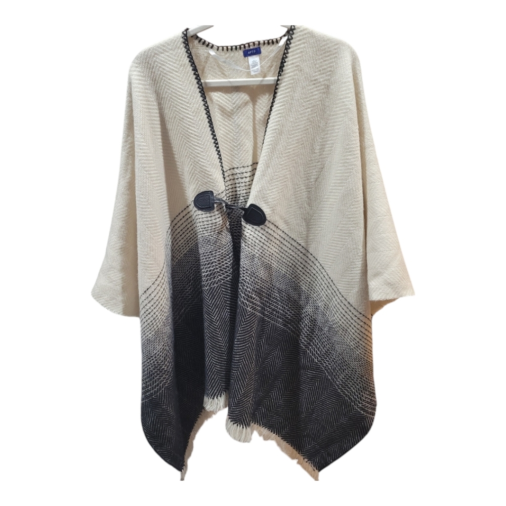 Women's Beige Ivory with Black Wrap Shawl Poncho Jacket with Fringe